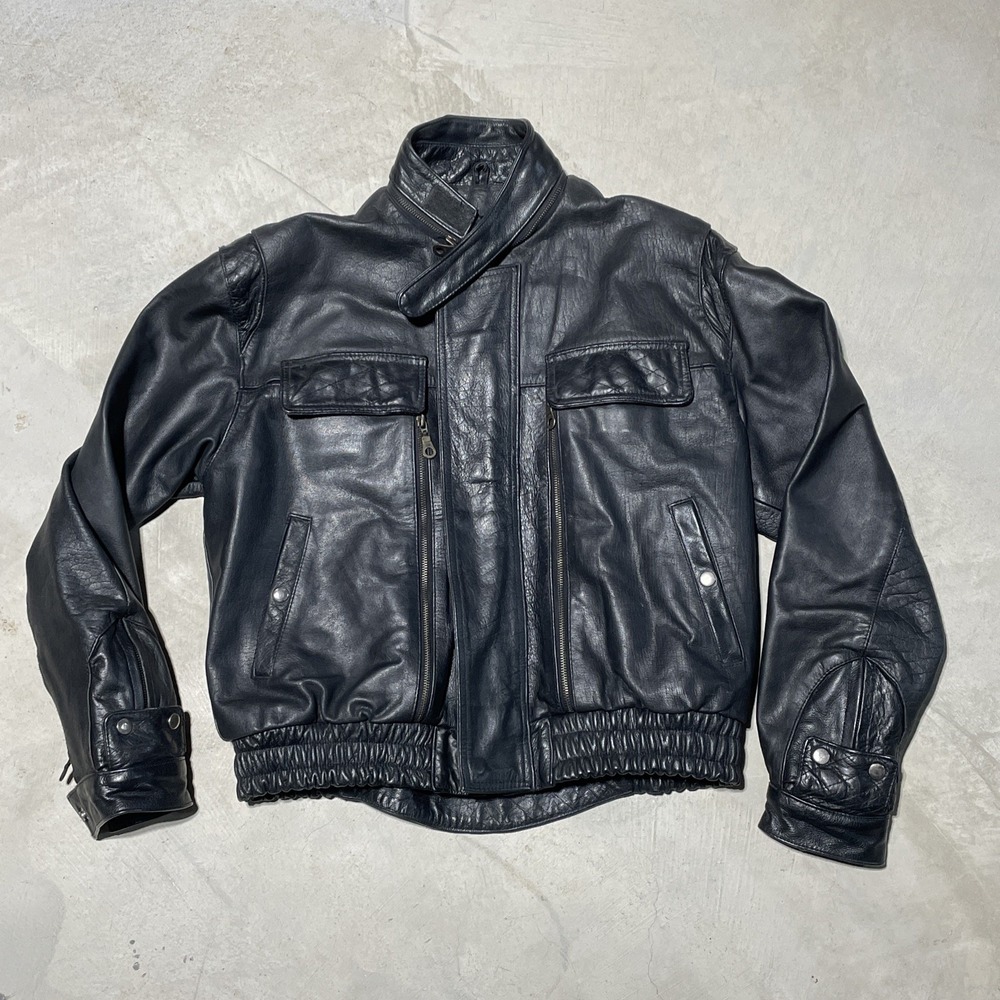 HEAVY THICK MOTORCYCLE BLACK GENUINE LEATHER JACKET Men's SZ 42 Zippers Y2K